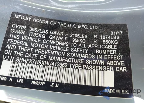 2017 Honda Civic Sport Touring from USA, damaged, VIN SHHFK7H9XHU413362